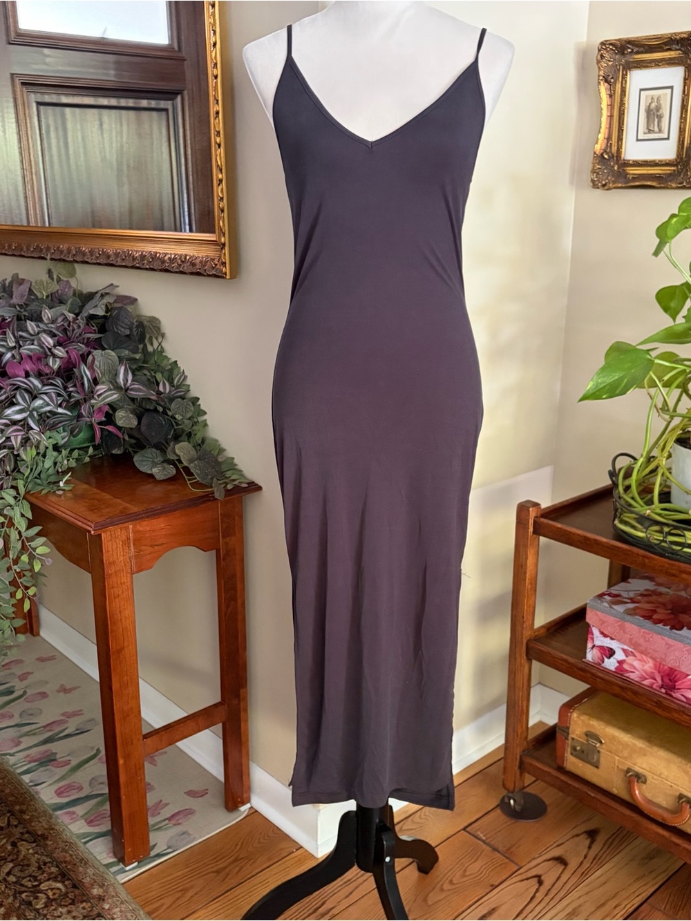 Cherish SzMed Women’s light black wash V neck Slip Dress with Spaghetti Straps
